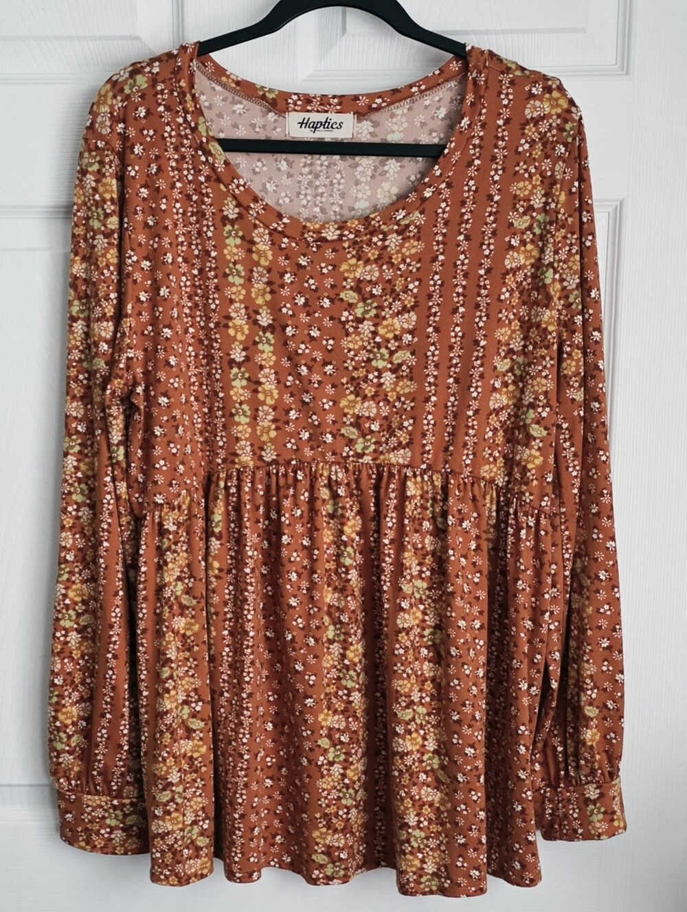 Haptics Terracotta Rust Floral Boho Babydoll Tunic Top L